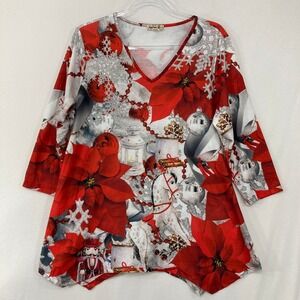 One World Top size XL Red Poinsettia Festive  Holiday Shark-bite Stretch Knit